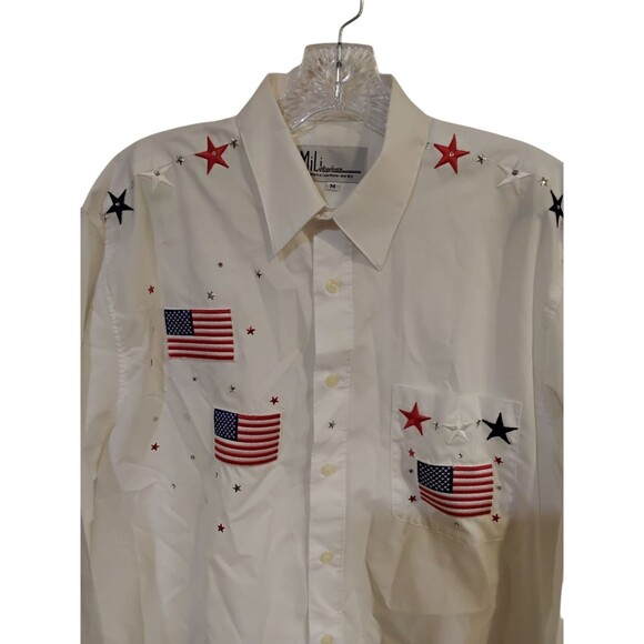 Mili Designs Women's Medium Patriotic American White Long Sleeve Button Shirt - Picture 3 of 11